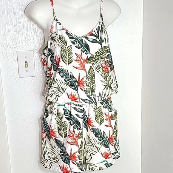 Tropical One-piece Romper, White with Green & Orange Leaves, Size Small, NWOT - Picture 1 of 9